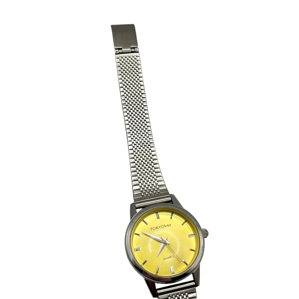 TOKYObay Silver Mesh Watch‎ Yellow Sunray Dial Stainless Steel Analog Quartz